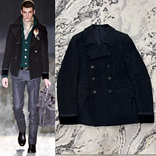 Gucci by Frida Giannini AW07 Velvet Trim Moleskin Peacoat 46R Made in Italy - product listing photo