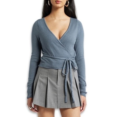 Open Edit Sweater Long Sleeves Wrap Style Self Tie Waist Blue Women's US XXS NWT