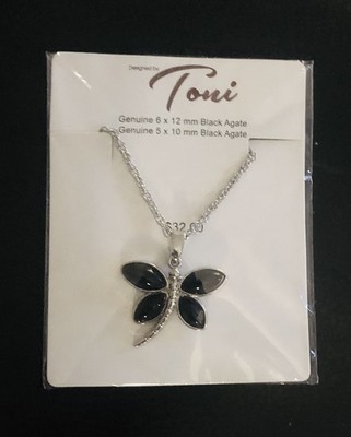 VTG Toni Black Agate Stone Dragonfly Butterfly Pendant Necklace Silver Tone NOS