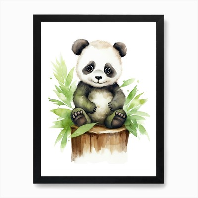 Baby Panda auf einem Spielzeugauto, Aquarell gerahmtes Wandbild Poster Leinwanddruck Bild