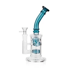 9'' Teal Glass Bong Smoking Hole Water Pipe Perc Hookahs Bubbler W/14mm Bowl
