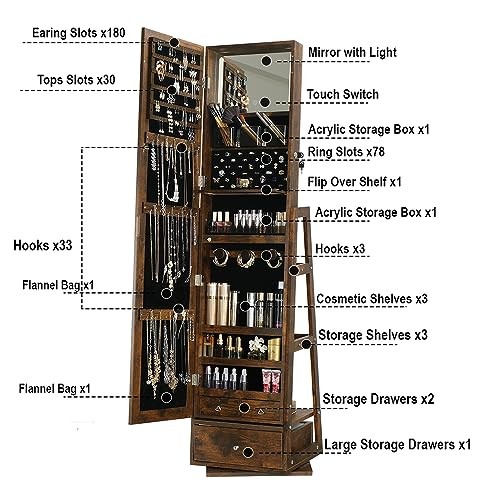 360 Swivel Full Length Mirror Jewelry Cabinet - Standing 63.7*15.7 Rustic Brown - Picture 5 of 7