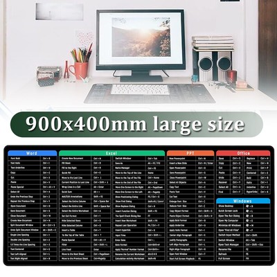 Großes Tastatur Excel Shortcuts Mauspad Schreibtischmatte Gaming Matte 90x40cm