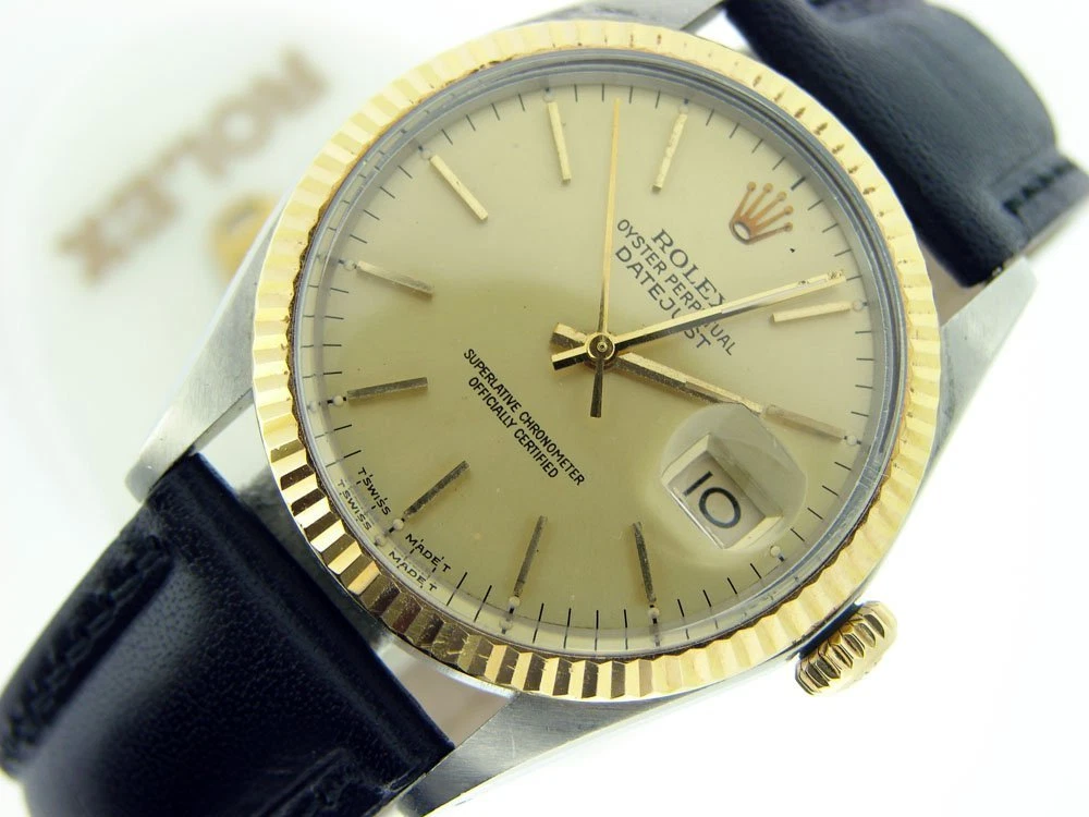 Rolex — Rolex Datejust Mens 2Tone 18K Gold Stainless Steel Black w/ Champagne Dial 16013