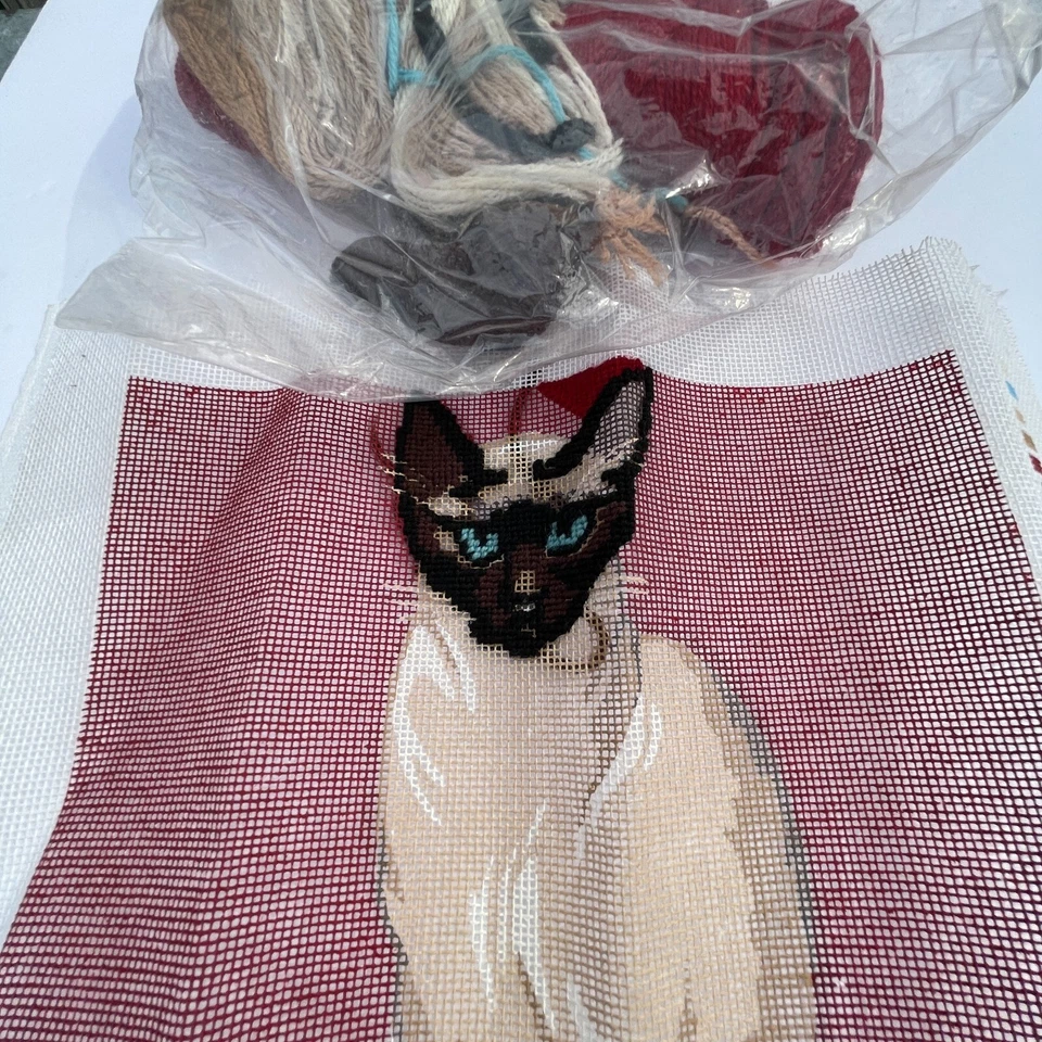 Vintage Needlepoint Canvas Pattern Siamese Cat Unfinished With Wool 11.5 x 11.5 - Image 3 of 4