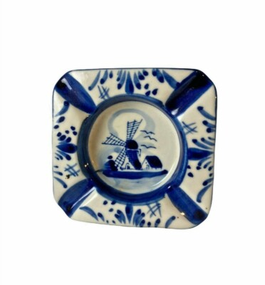 Delft Blue Colour Ashtray Square Hand Painted Windmill Fisherman Boat Vintage