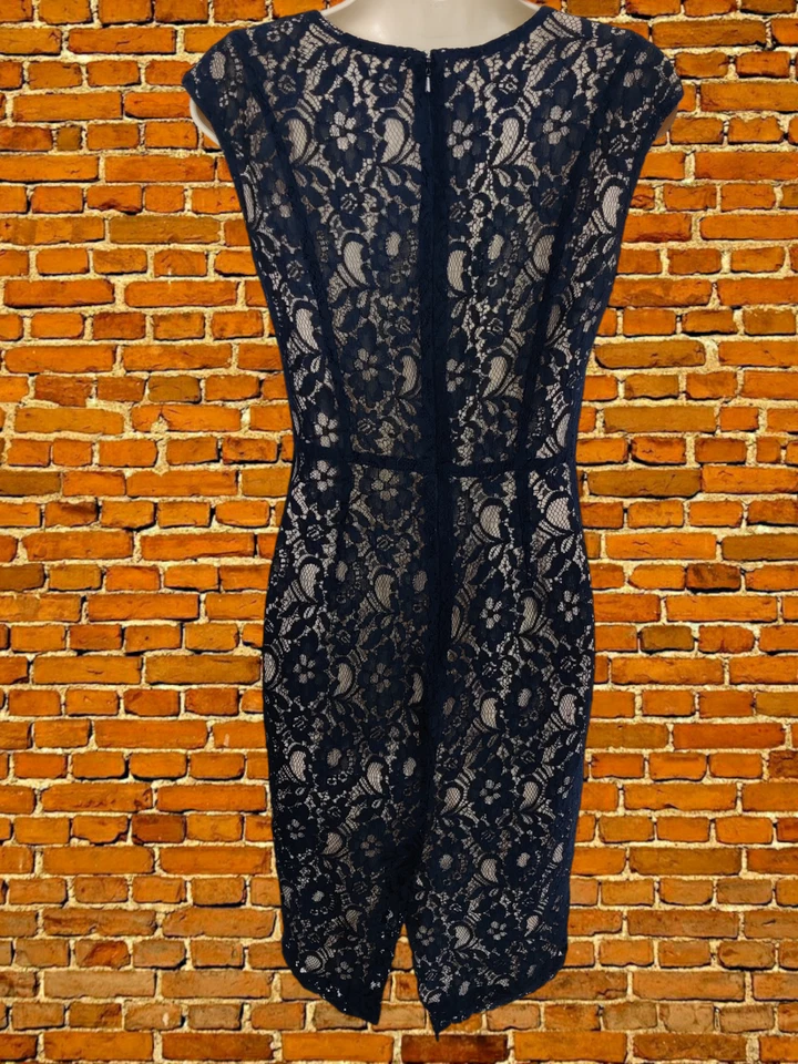 WOMENS FRENCH CONNECTION LACE SHEATH DRESS SIZE UK 10 NAVY BLUE KNEE MIDI LENGTH - image 3 of 4