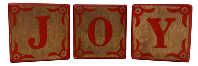 Wooden Joy Blocks Christmas Holiday Tabletop Home Decor Red Farmhouse Scandi 3''