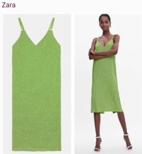Zara slip dress women size EUR S neon green gingham check v neck stretch