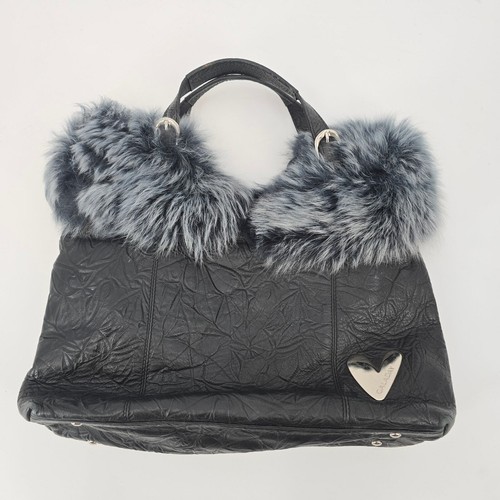 Galaday Removeable Fur Detail Crinkle Leather Handbag Shoulder Purse Tote Black