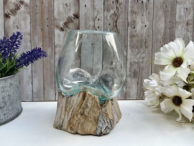 Schmelzglas Schale Treibholz Sockel Ornament rustikal Übertopf geschmolzene Vase Whitewash
