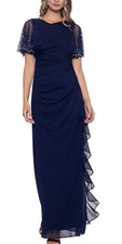 Women  s Formal Dress 14 BETSY  ADAM Navy Cascading Ruffle Flutter Short Sleeve