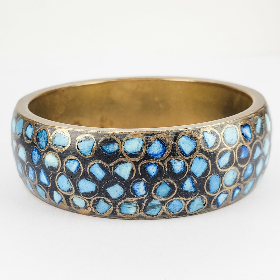 Vintage Costume Jewelry Brass Bangle Blue Stone Inlay eBay