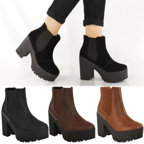 MUJER BOTINES CHELSEA GRUESO TACÓN EN BLOQUE ALTO CORDONES TALLA | eBay