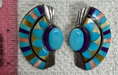 Vintage Navajo Sterling Silver Turquoise MOP Crescent Native American Earrings - Picture 3 of 7