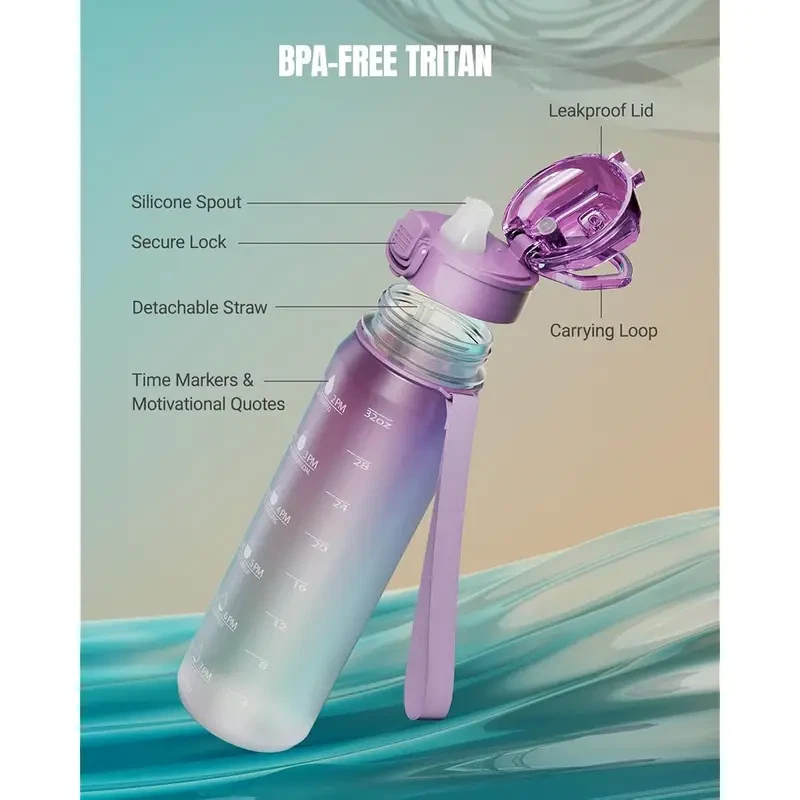 32oz Motivational Water Bottle with Time Markers, BPA-Free Tritan Plastic Purple - Image 3 of 4