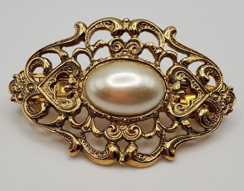 Vintage 1928 Brand Hair Clip Barrette Gold Filigree Faux Pearl Made In France