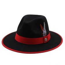 Unisex Fashion Feather Decor Wool Fedora Cap, Wide Brim Winter Medium Black