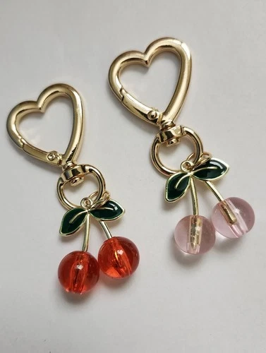 SET of RED and PINK Cherry Bag Charm Keychain Golden tone Heart Charm NEW! CUTE