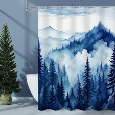 Navy Blue Misty Pine Forest Shower Curtain Mountain Foggy Tree 72x78 Inch