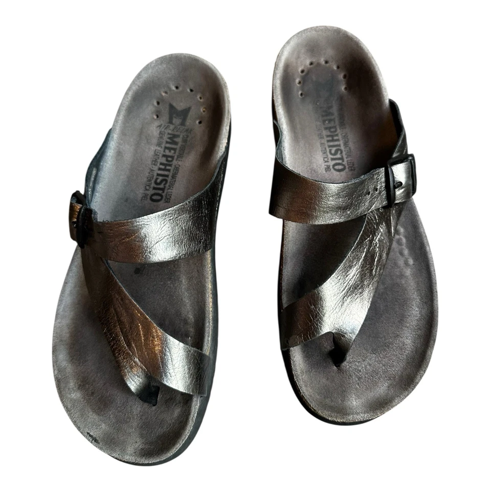 MEPHISTO HELEN  WOMENS SZ 6  (EU 36) PEWTER METALLIC LEATHER THONG SANDALS CORK - Image 2 of 4