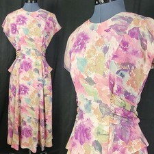 Vtg Carole Little Pink/Purple Watercolor Floral Dress w Side Peplum Size 6P
