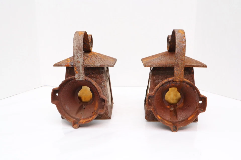 ATQ Pair Arts Crafts Mission Slag Glass Porch outdoor Wall Sconces Iron SET 2 - Image 2 of 4