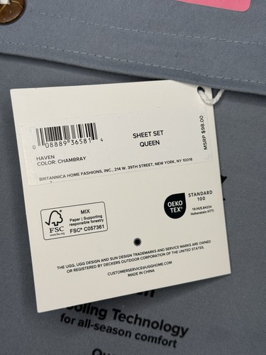 UGG "HAVEN" QUEEN SHEET SET-COOLING TECHNOLOGY ALL-SEASON COMFORT-"CHAMBRAY" - Afbeelding 2 van 7