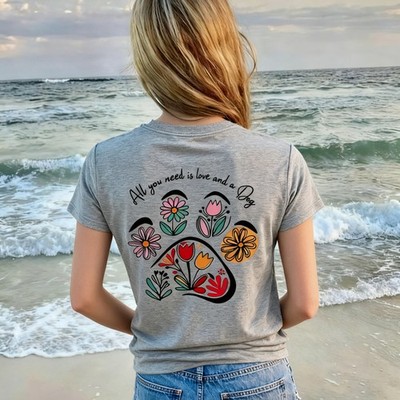 Women's A Dog Floral Paw Print T-Shirt Gray Back Graphic Tee Pet Lover Top