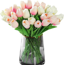 20Pcs White Faux Tulips Flowers Fake Flowers Bouquets 13.5" Mother'S Day Easter