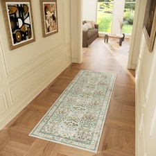 Baksham Non-Slip Washable Runner Rug 2x6, Beige  Blue Vintage Design for