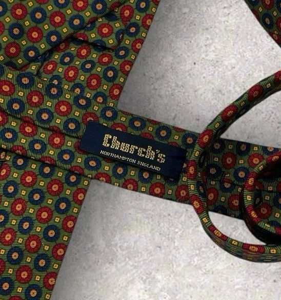 Gravata de seda CHURCH'S ITÁLIA XL verde azul vermelho geométrico W:3,8" em excelente estado usado - Imagem 2 de 4