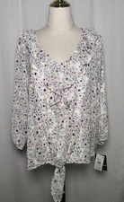 I.N. Studio Blouse Shirt Top Medium Knot  Women 3/4 Ballon Sleeve Button Chiffon