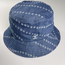 Chanel Denim Bucket Hat Blue White CC Logo Wo...