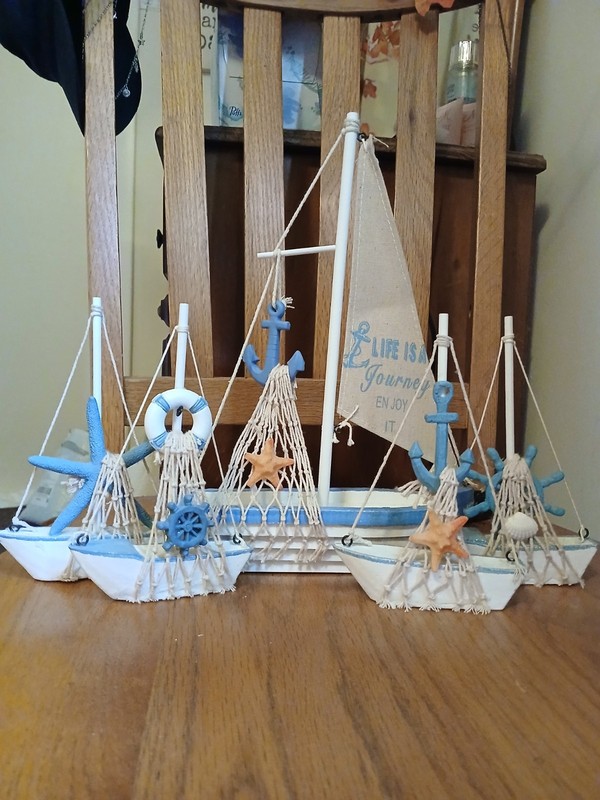 Estate Sale Nautical Sailboat Figurine Set, 5pcs, Wood, Coastal Decor