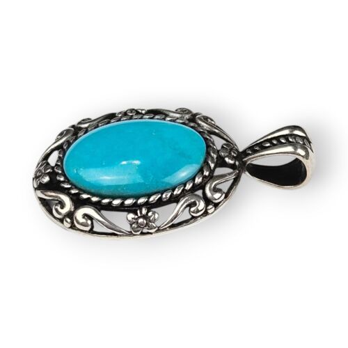 Relios Turquoise Sterling Pendant Floral Scroll Oval Carolyn Pollack 925 Silver - Picture 3 of 12