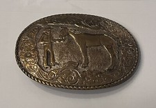Vintage Crumrine Belt Buckle Horse with Handler Silver Plated Bronze