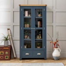 Display Cabinet Unit 2 Door 2 Drawer Tall Westbury Blue Painted Oak Glazed Home
