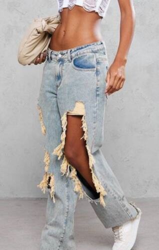 Baggy Distressed Ripped Jeans with Frayed Hem-Trendy Streetwear Denim-Size 12