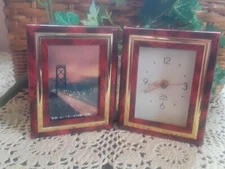 Desk Mantel Clock Bi-Fold Brown Wood tone Gold Surround Picture Frame Quartz