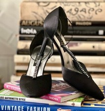 Vintage Stuart Weitzman Black Satin  Crystal Rhinestone T-Strap Heels - Sz 7