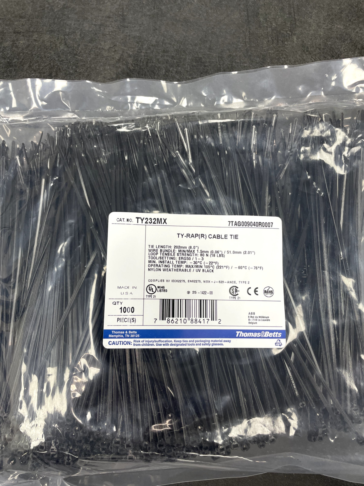 TY232MX Thomas & Betts Ty-Rap Cable Tie with Stainless Lock 8" (bag of 1,000)