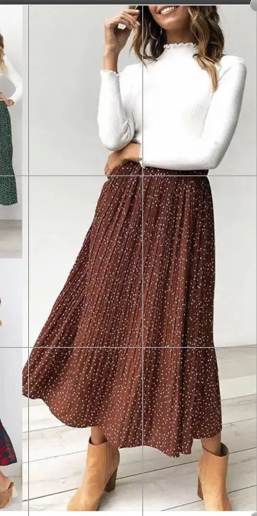 Womens High Waist Polka Dot Pleated Skirt Midi Swing Skirt with