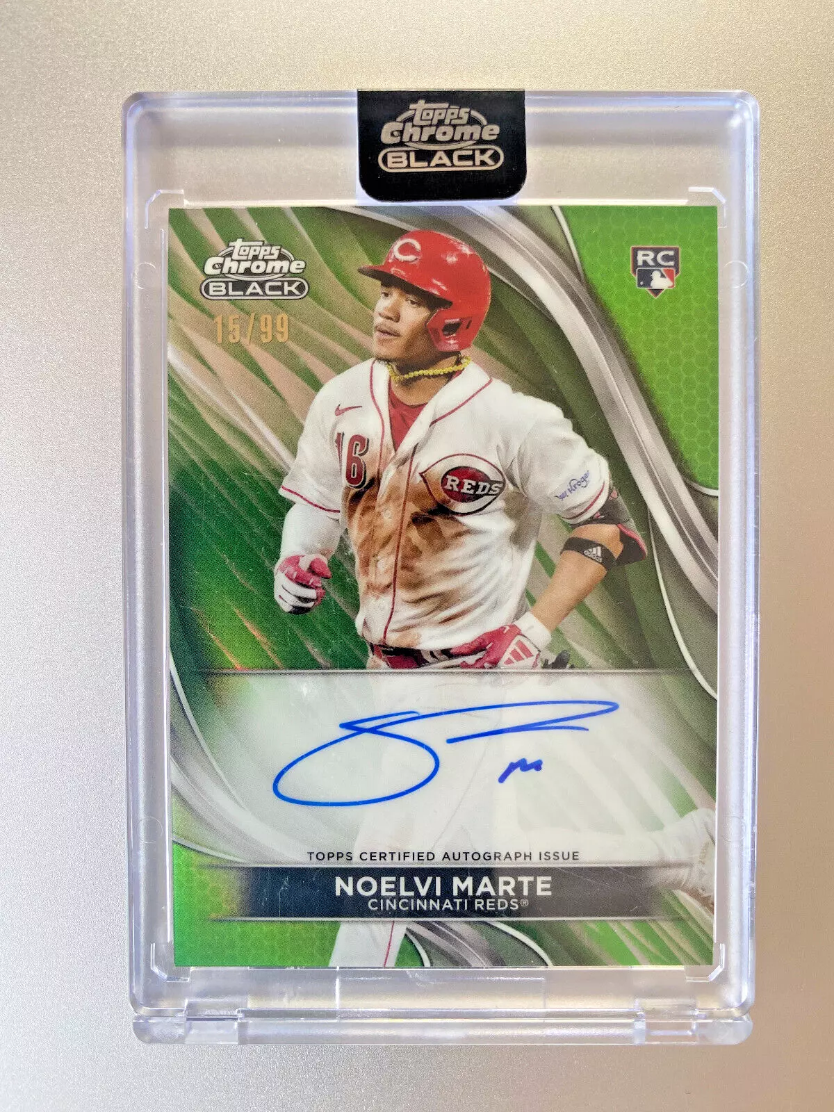 2024 Topps Chrome Black Noelvi Marte Green Refractor Base Auto RC #CBA-NM /99