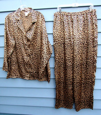 Vtg Inner Most Soft Satin Pajama Set Leopard Button Shirt Pants Brown Black XL