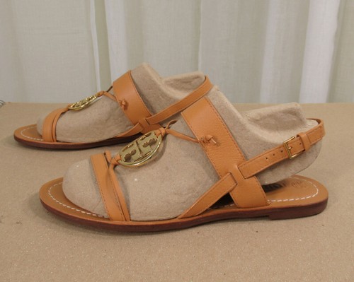 NEW TORY BURCH Miller Slingback Strap Leather Flat Sandal US 9 Camello/Gold Logo - Picture 6 of 12