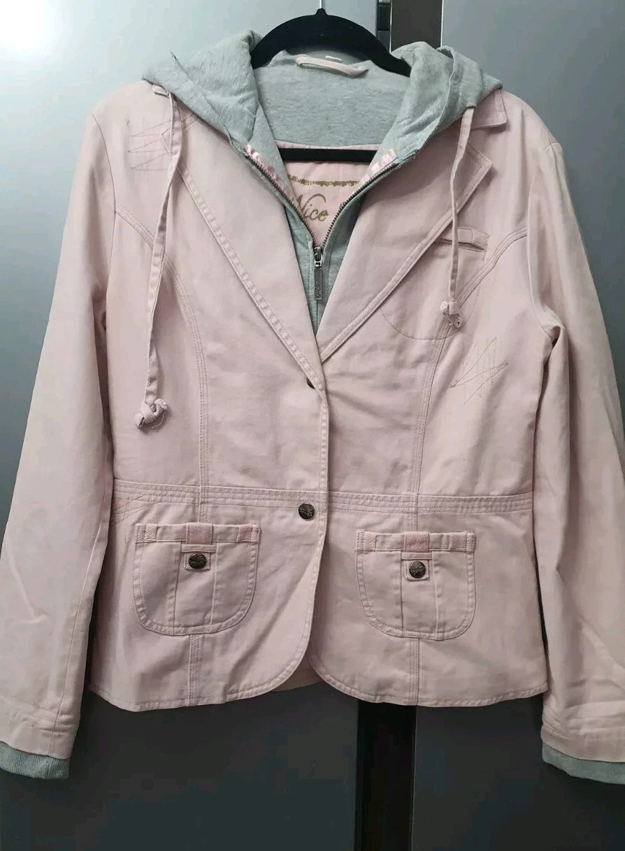 Nice Concept Hooded Pink Denim Blazer With Grey Hoodie Inlay XL Fitted Jacket