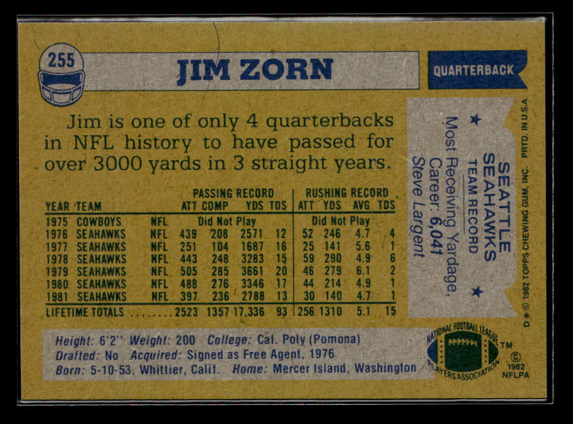 1982 Topps #255 Jim Zorn - NM/MT+ Set Break! | eBay