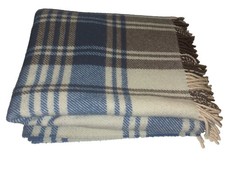 Woolmark 100 Pure New Wool Plaid Fringed Italian Wool Throw Blanket Blue Beige