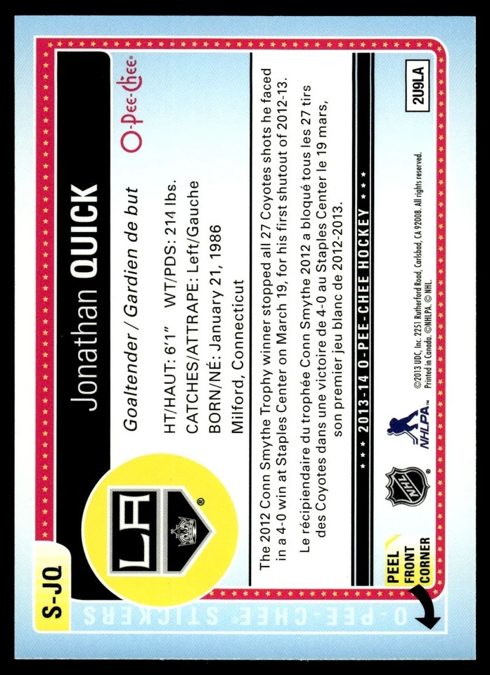 2013-14 O-Pee-Chee Stickers Jonathan Quick Los Angeles Kings #S-JQ - Image 2 of 2